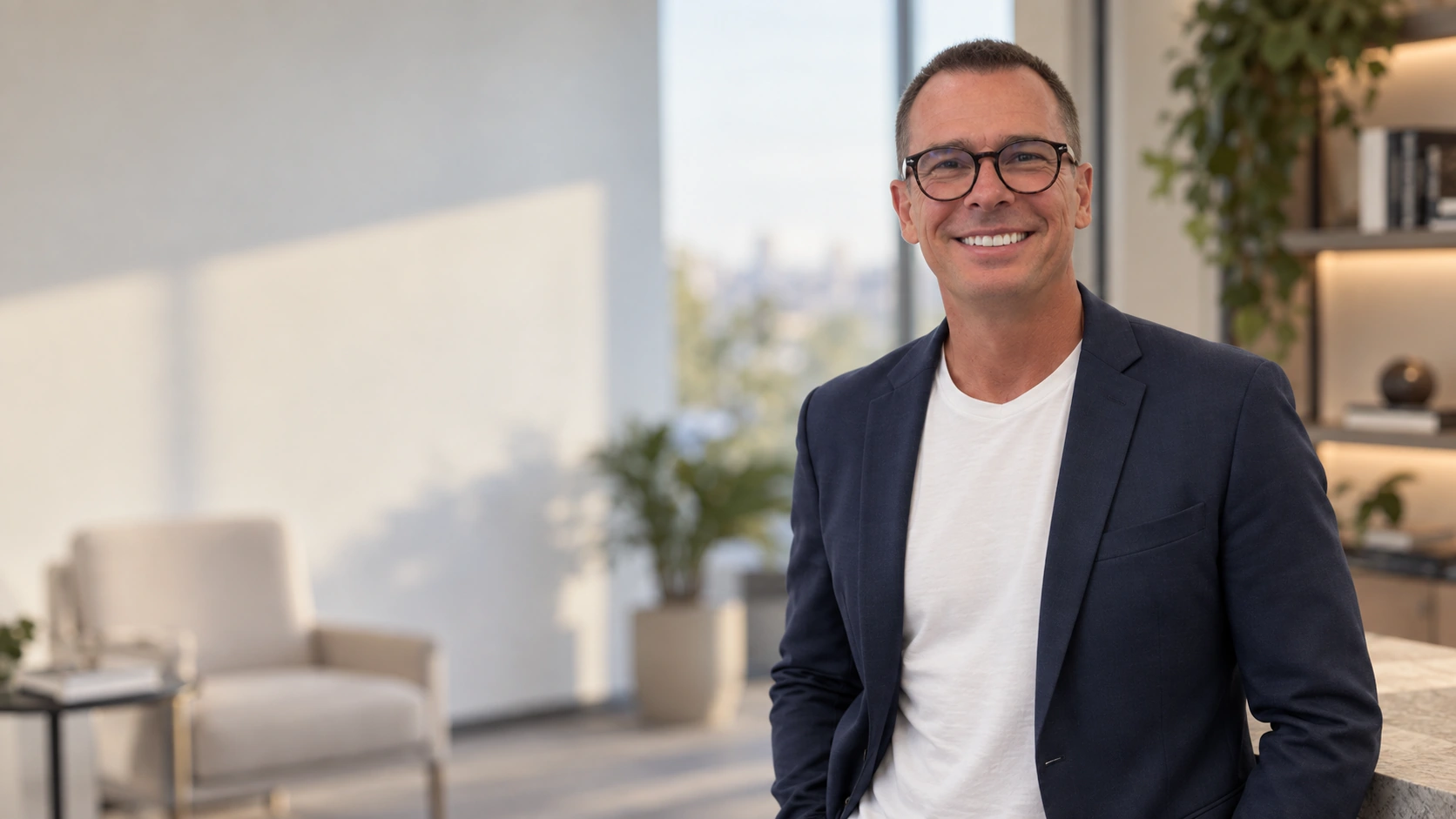 Rafael Cremonese sorrindo, de óculos e blazer azul-marinho, em um ambiente iluminado.